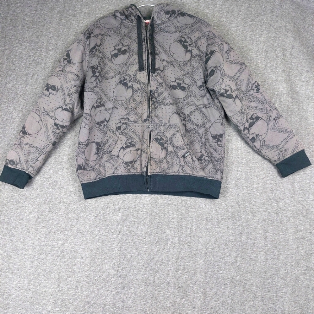 MMA ELITE MENS GRAY Y2K SKULL ALL OVER PRINT GRUNGE ZIP FRONT HOODIE SIZE LARGE